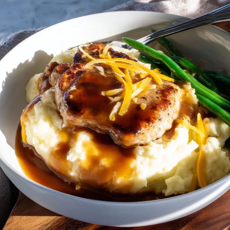 Deliciously seared pork chops & cheddar mash bowl, served with crisp green beans and gravy.