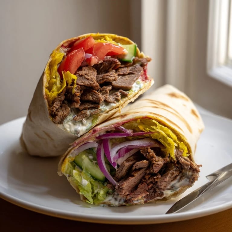 Delicious beef shawarma wraps served warm with a zesty yogurt dressing.