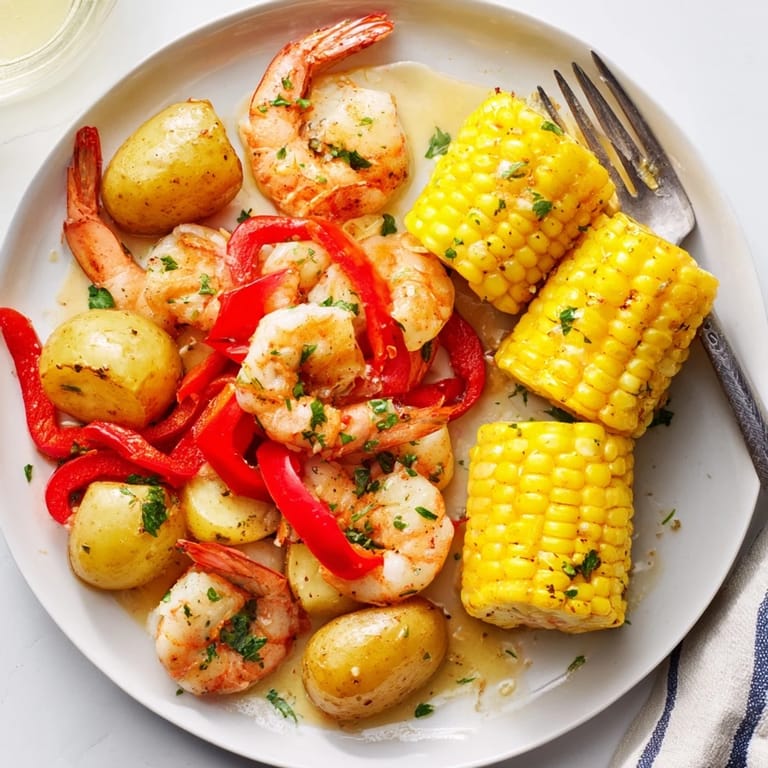 Flavorful Cajun shrimp & sweet corn platter alongside tender potatoes for summer gatherings.  