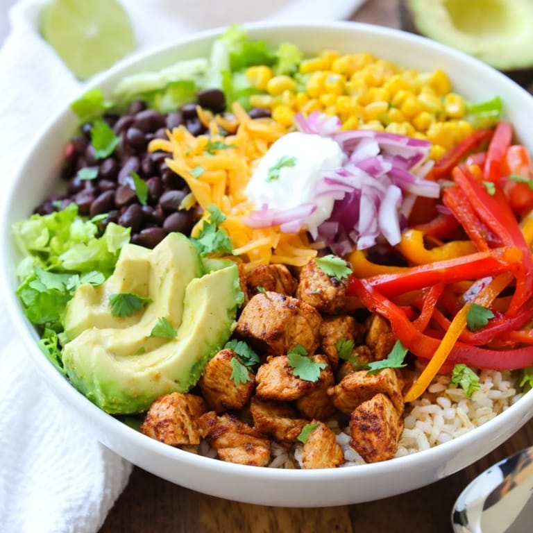 Savory sheet pan Chicken Burrito Bowls featuring roasted veggies and tangy salsa.