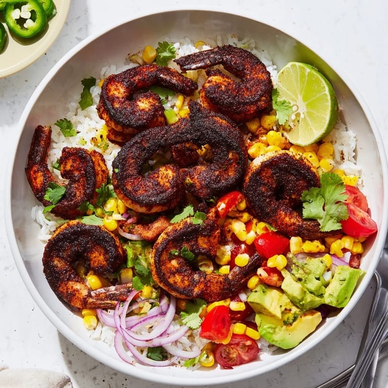 Delicious blackened shrimp bowl served over fluffy rice with vibrant salsa mix.