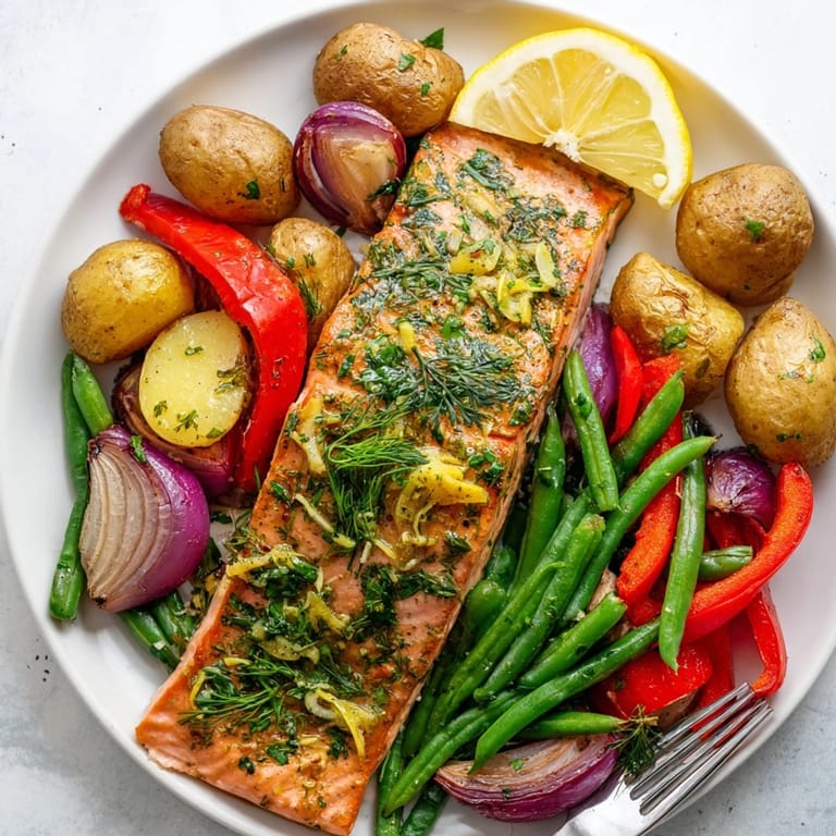 Crispy roasted potatoes and juicy lemon herb salmon plated beautifully on a sheet pan.