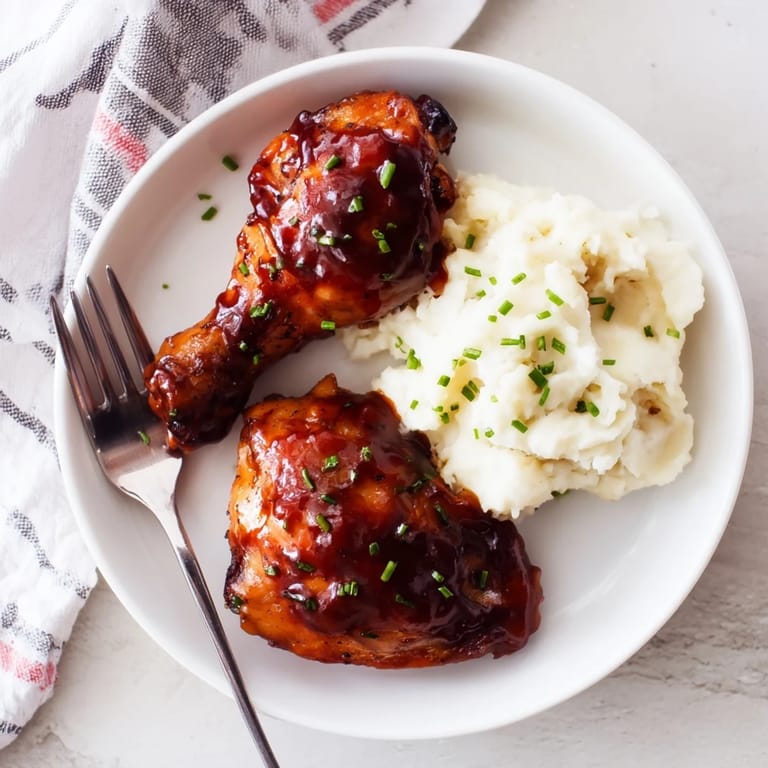Golden, oven-baked honey BBQ chicken thighs served with rich garlic mashed potatoes.  