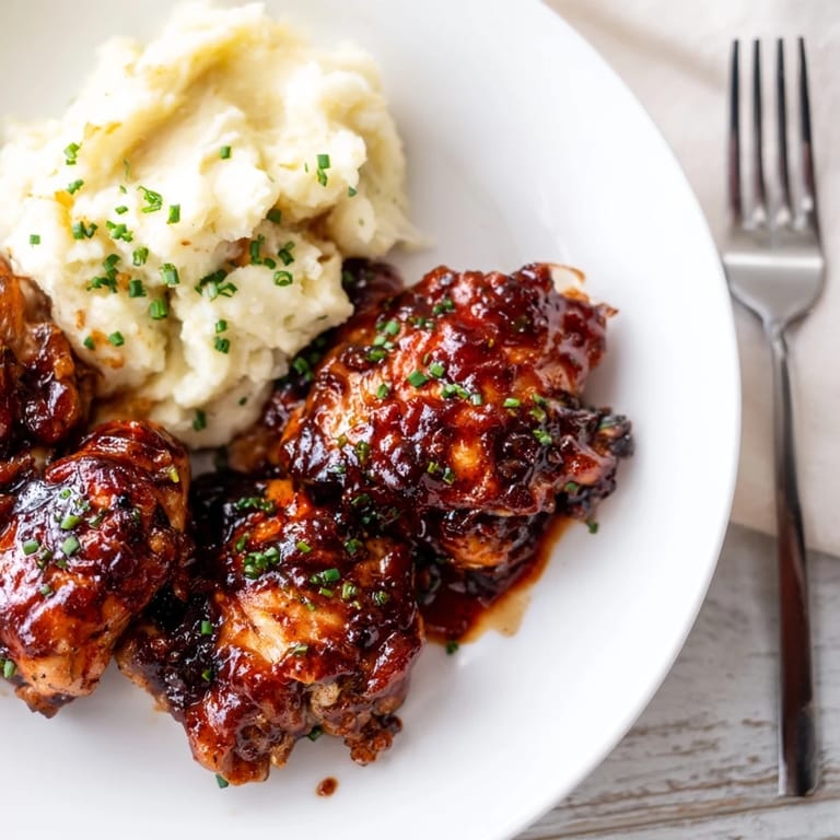 Delicious honey BBQ chicken thighs highlighted by velvety garlic mashed potatoes beside them.