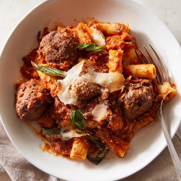 Comforting Italian Meatball Pasta Skillet, perfect for a cozy family dinner together.