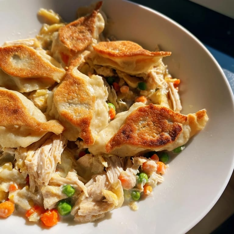 Creamy Chicken and Dumplings Casserole with tender chicken and vegetables, perfect for a cozy dinner.