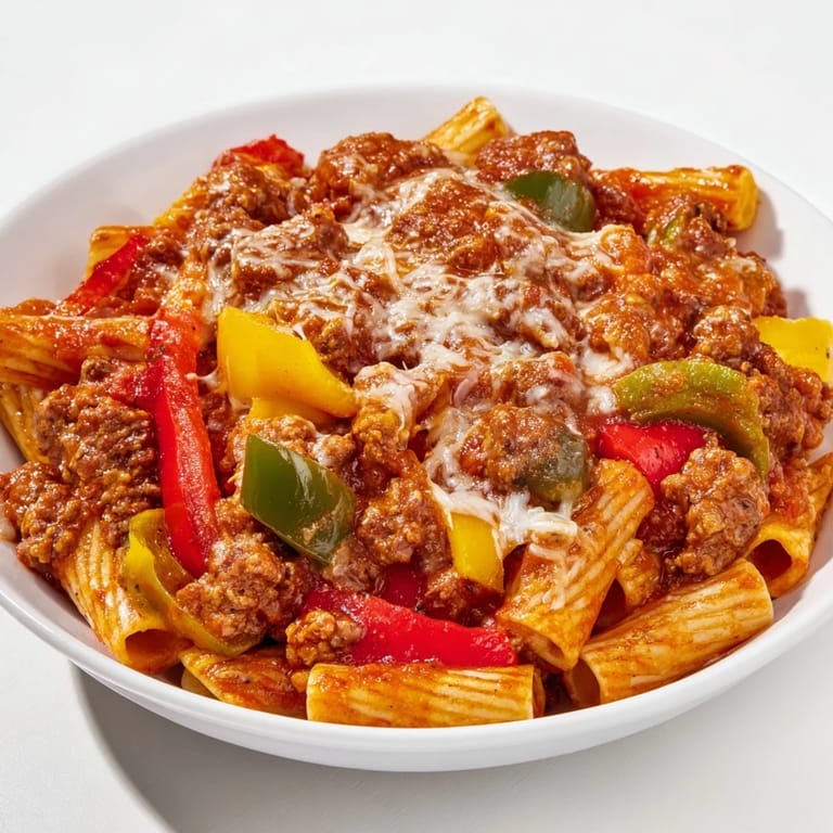 A close-up of baked rigatoni with sausage & peppers reveals a savory Italian-American casserole with melted cheese.