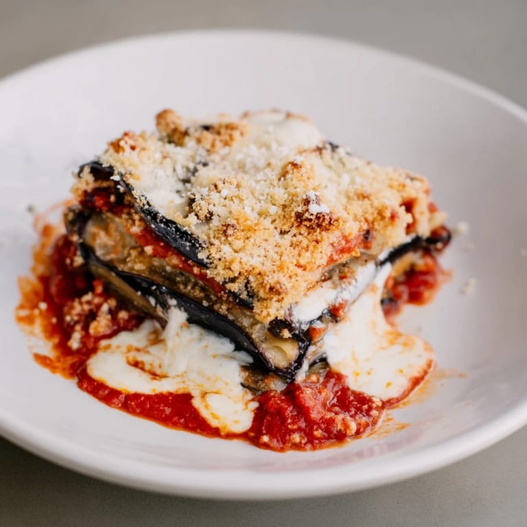 A bubbling, cheesy view of Eggplant Parmesan Lasagna, showing off layers of tender eggplant and creamy ricotta.