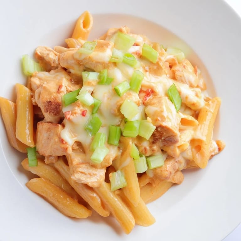 A one-pan, creamy Buffalo Chicken Pasta Skillet, a quick and easy weeknight dinner idea with tender chicken.