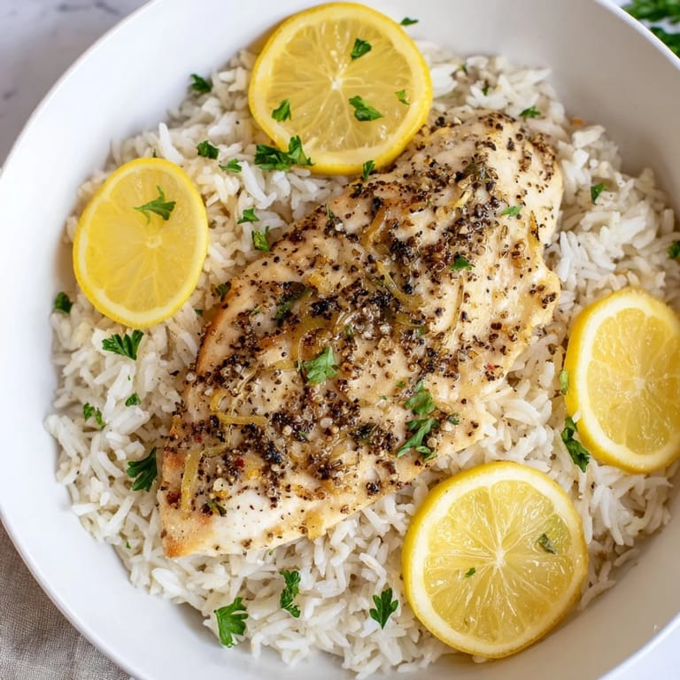 Juicy bites of Lemon Pepper Chicken, a simple yet satisfying American dish with fluffy white rice.