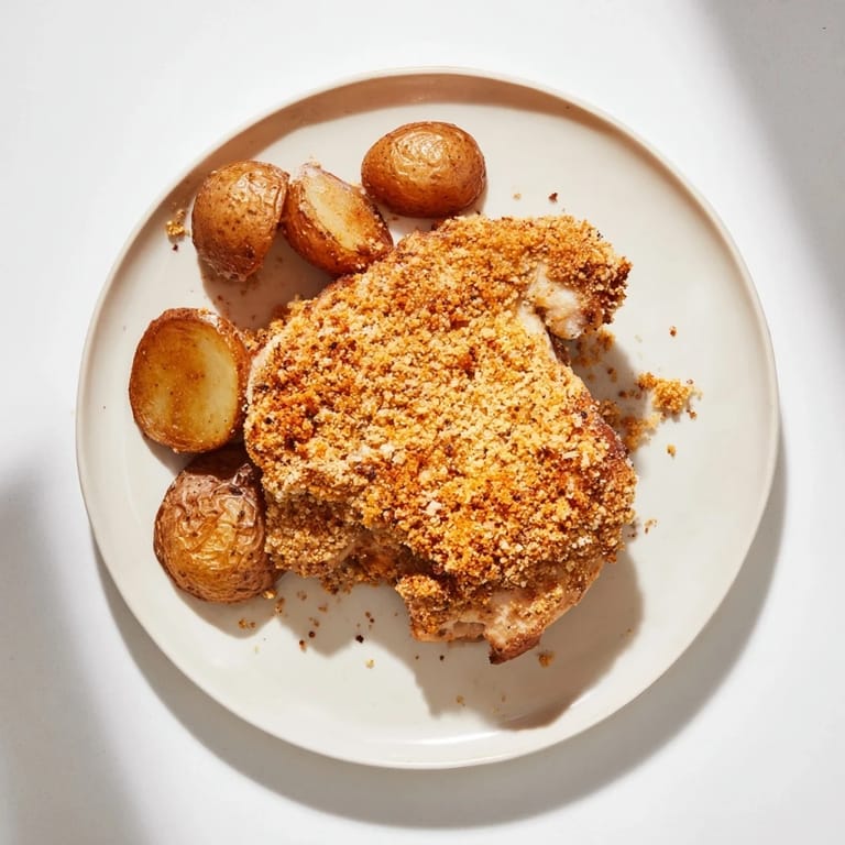 A close-up reveals the irresistible crunch of Crispy Parmesan Crusted Chicken & Potatoes, ready to serve with lemon.
