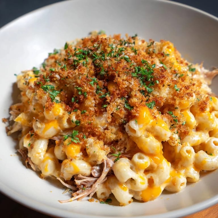 A close-up of barbecue pulled pork mac and cheese, featuring tender pork layered with cheesy macaroni and a crispy topping.