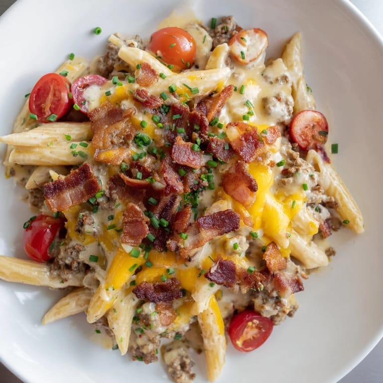 Golden-brown Bacon Cheeseburger Pasta Bake bubbling from the oven, offering a delicious, comforting aroma.