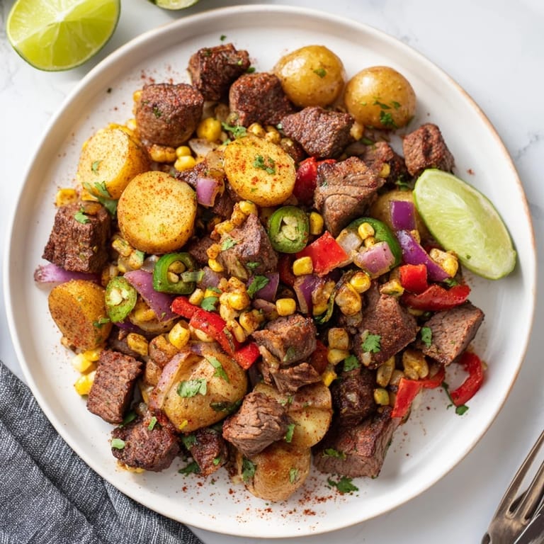 Enjoy a delicious serving of Southwest Steak & Potato Skillet; a hearty, gluten-free, satisfying meal.