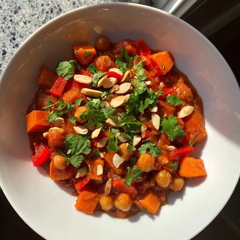 A bowl of hearty Moroccan Chickpea & Sweet Potato Tagine, garnished with fresh cilantro and almonds, savory and warm.