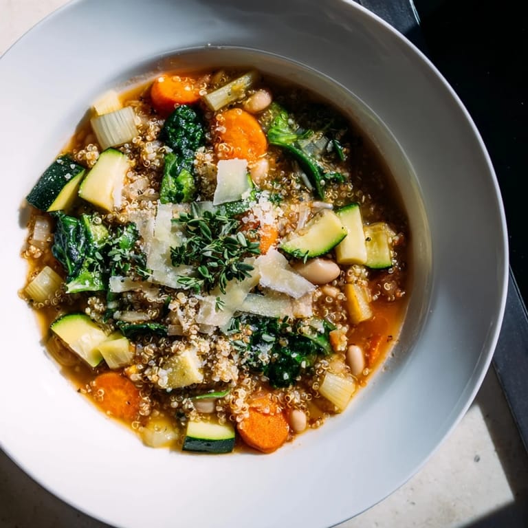 Hearty homemade Minestrone with Quinoa & Winter Greens: a colorful, vegetable-packed soup perfect for chilly evenings.