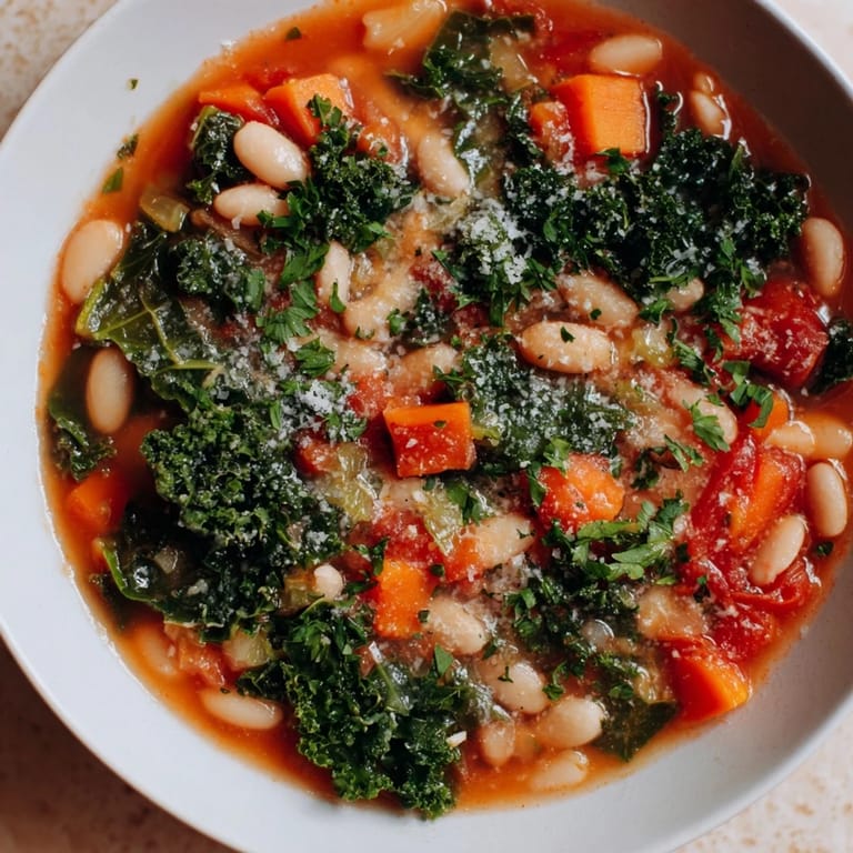 A steaming bowl of Italian Bean & Kale Stew, rustic and flavorful, garnished with fresh parsley.