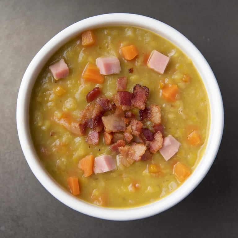 Savory Split Pea Soup with canned ham and bacon, ready to serve with crusty bread.