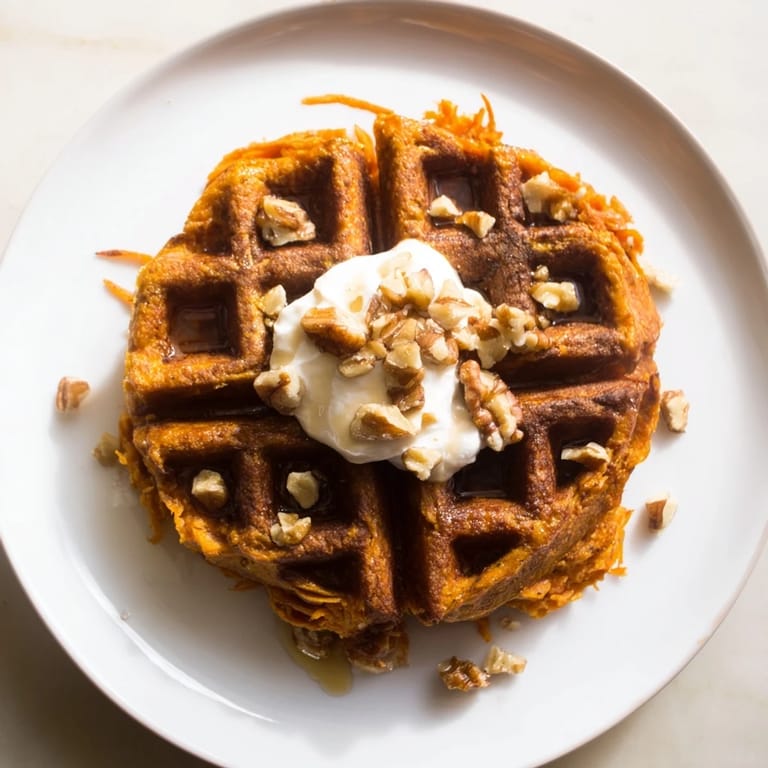 Steaming sweet potato waffles, the perfect easy breakfast hack with a warm cinnamon aroma.