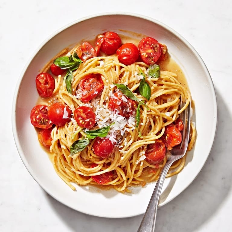 Close-up of freshly made Lazy-Girl Pasta with parmesan and basil, a quick and easy weeknight dinner.