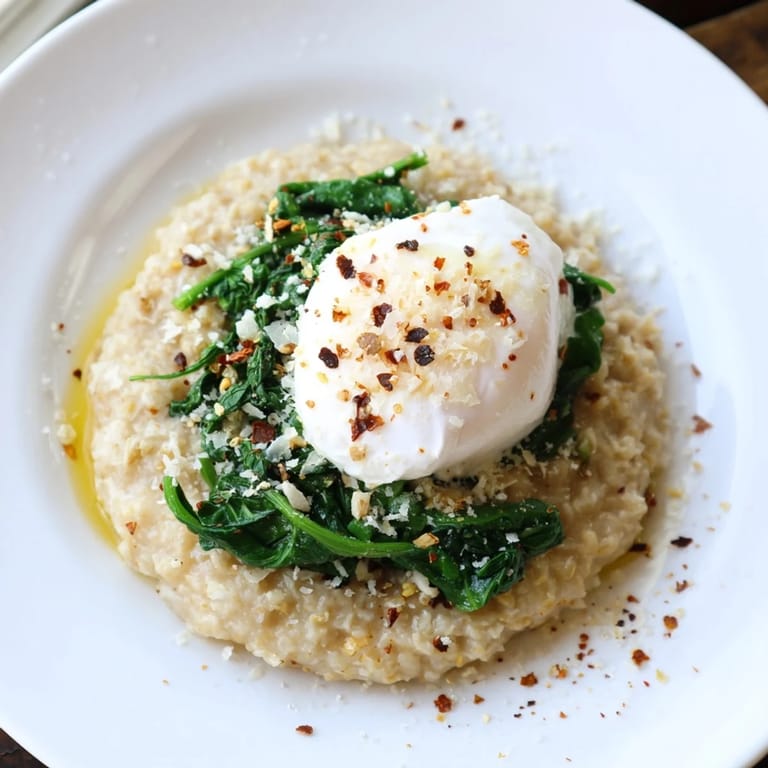 A close-up of savoury oatmeal garnished with spinach, and a runny poached egg, ready to eat.