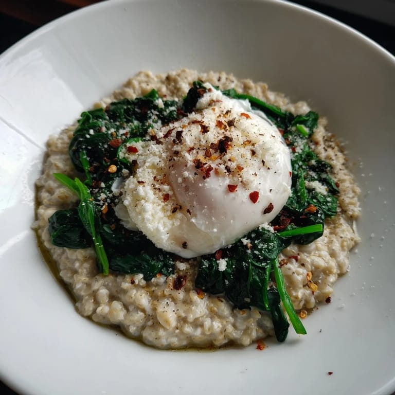 Hearty savoury oatmeal bowl with vibrant green spinach and golden runny egg yolk, delicious!
