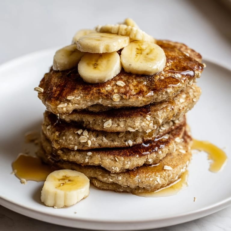 Delicious stack of fluffy banana oat pancakes, perfect for a weekend breakfast treat with berries.