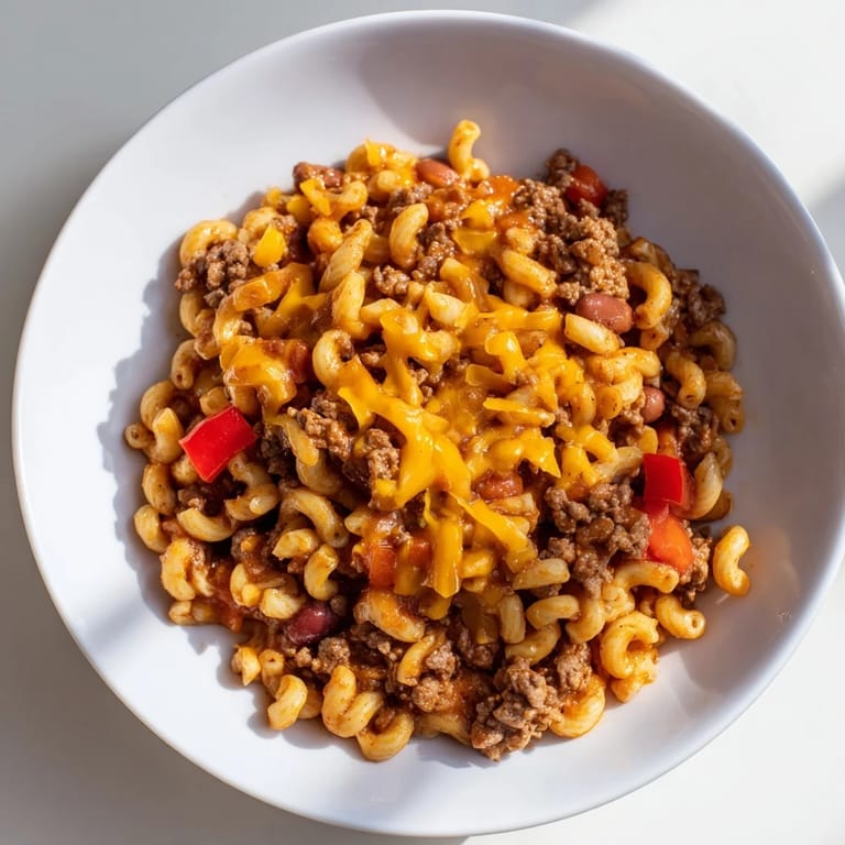 The bubbling Cheeseburger Chili Mac shows a creamy, cheesy top, perfect for a satisfying dinner.