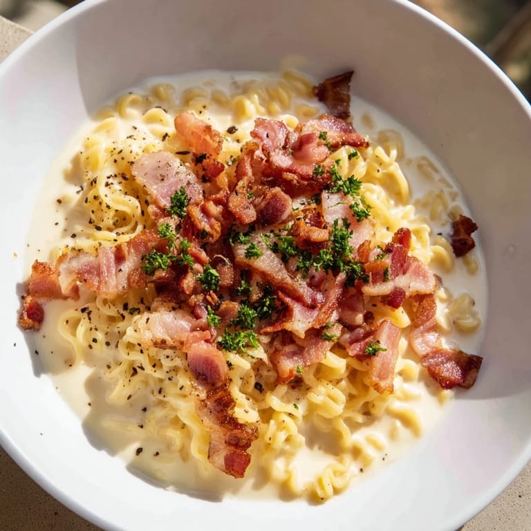 Homemade Instant Pot Carbonara Ramen Hack, showcasing perfectly cooked ramen noodles and savory flavors.