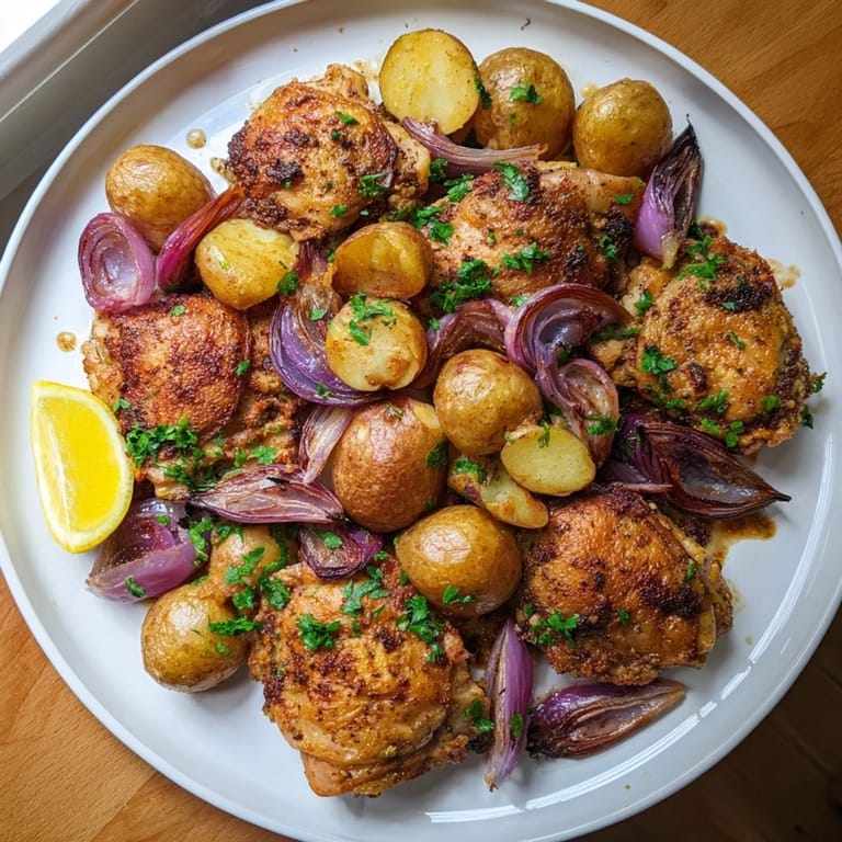 Vibrant image of sheet pan zaatar chicken and roasted potatoes, ready to serve with fresh parsley.