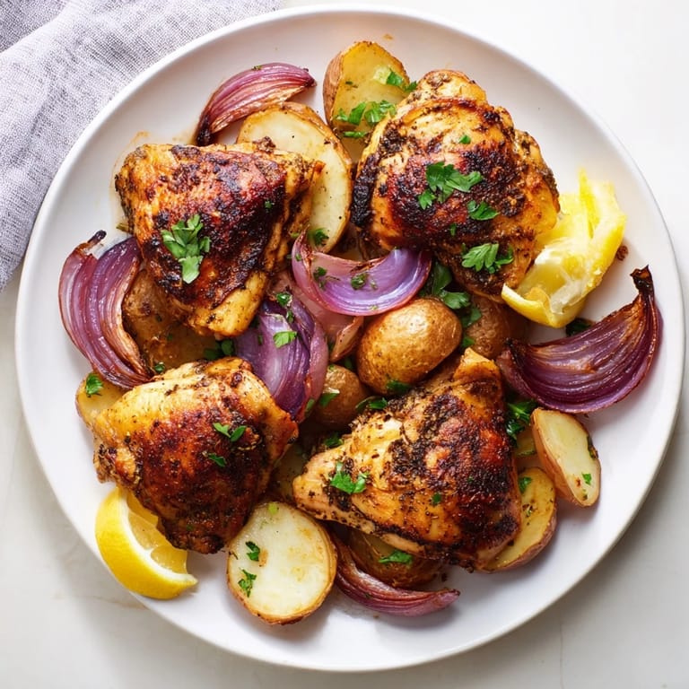 Crispy skin-on zaatar chicken thighs with tender potatoes, a delicious and easy sheet pan recipe.