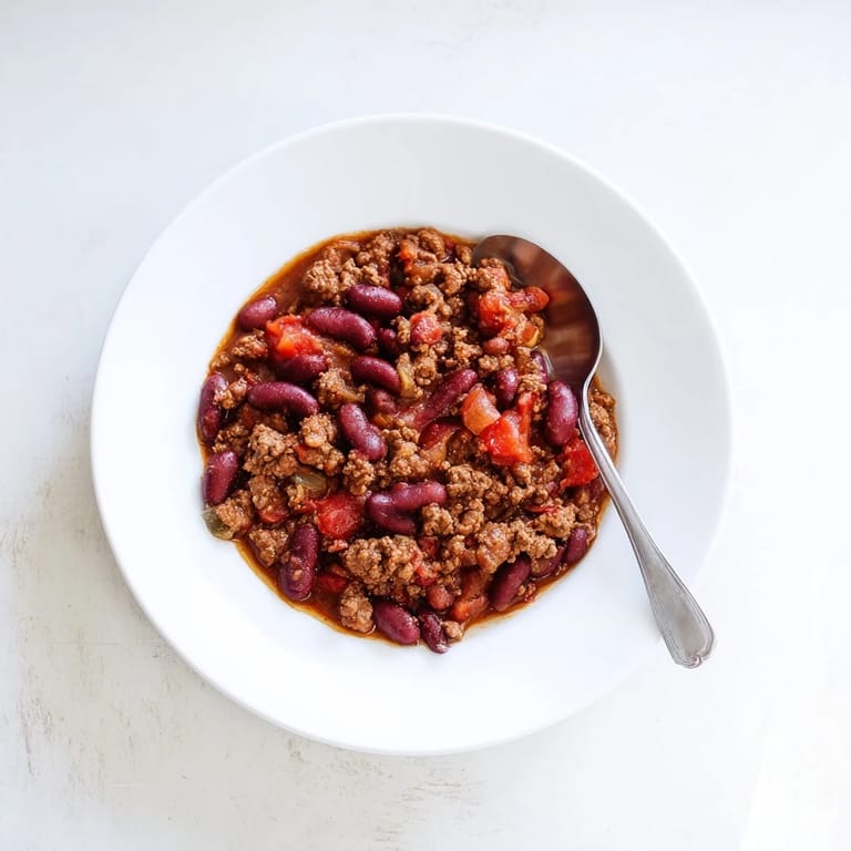 A close-up view of generous, flavorful Secret 4-Ingredient Slow Cooker Chili ready to be topped and served.