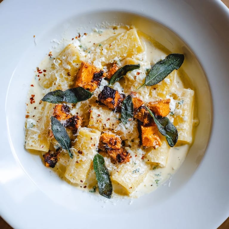 Delicious, roasted sweet potatoes star in this savory sweet potato goat cheese sage pasta dish.