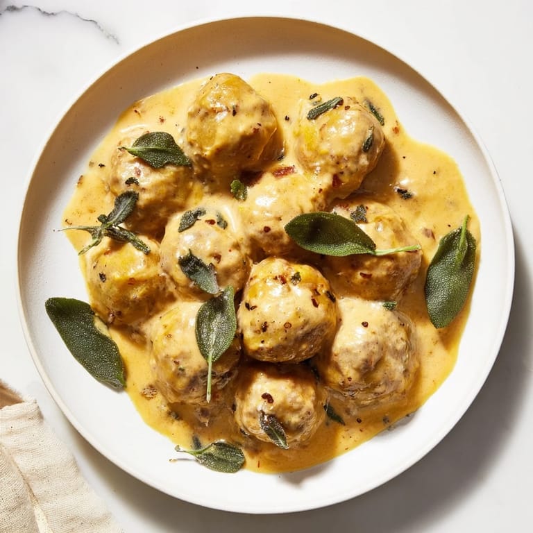 A close-up of tender turkey meatballs bathed in a rich pumpkin sage sauce, perfect for a cozy dinner.