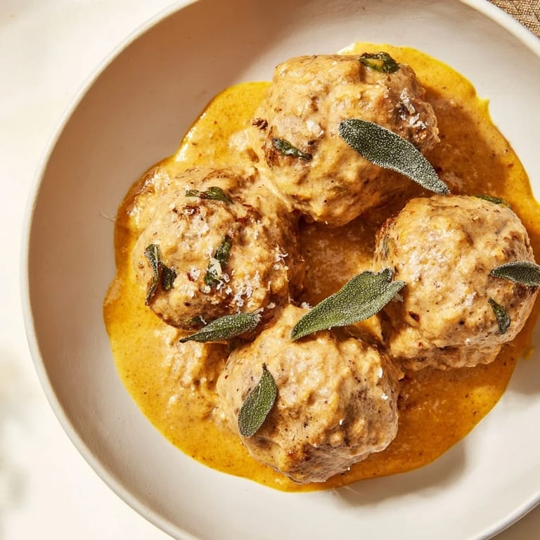 Hearty and flavorful easy turkey meatballs in pumpkin sage sauce, ready to serve over pasta or rice.