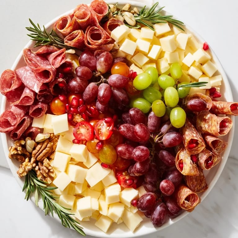 Festive Quick Christmas Charcuterie Wreath Board with rosemary, grapes, and various delicious snack options to enjoy.