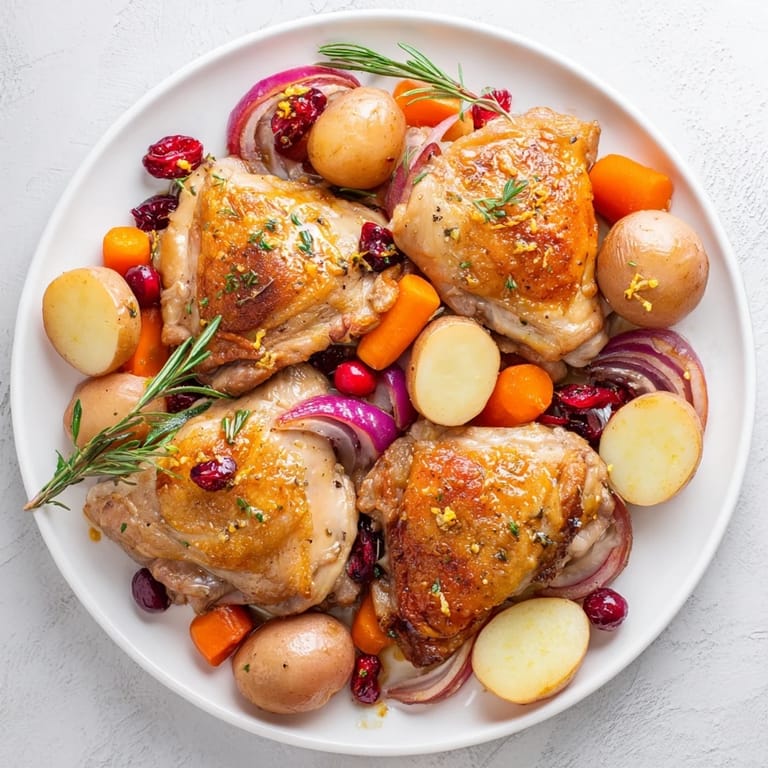 Sizzling, crispy-skinned One-Pan Olive Oil Roast Chicken, mixed with colorful roasted vegetables and sweet cranberries.