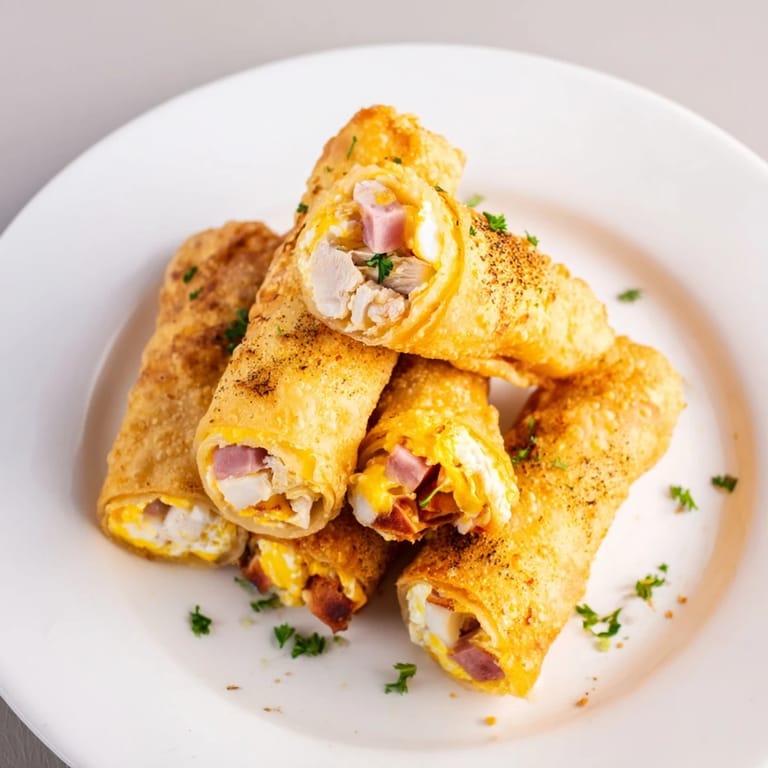 A close-up view of the delicious Crispy Chicken Greggs Egg Rolls, full of savory chicken filling.