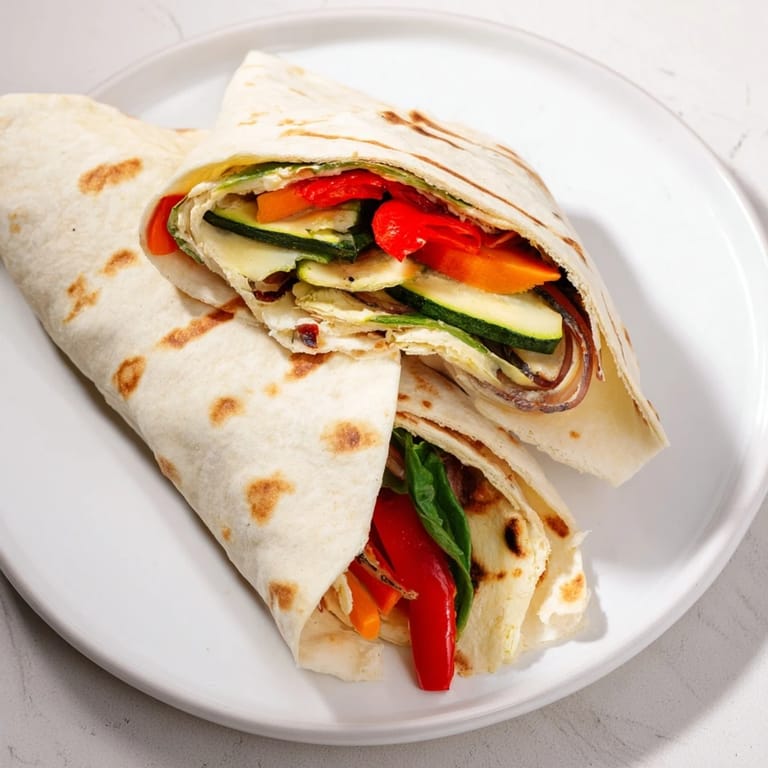 A close-up of a perfectly constructed Snowflake Hummus & Roasted Veggie Wrap, ready for a satisfying bite.