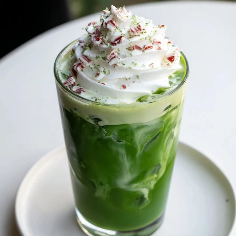 Vibrant green matcha beautifully layered with white chocolate in the festive Sugar-Free White Chocolate Candy Cane Iced Matcha.