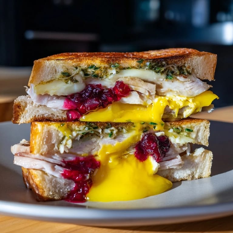Mouthwatering Pesto Cranberry Turkey Grilled Cheese Melt, a symphony of flavors and textures, ready to be cut and enjoyed.