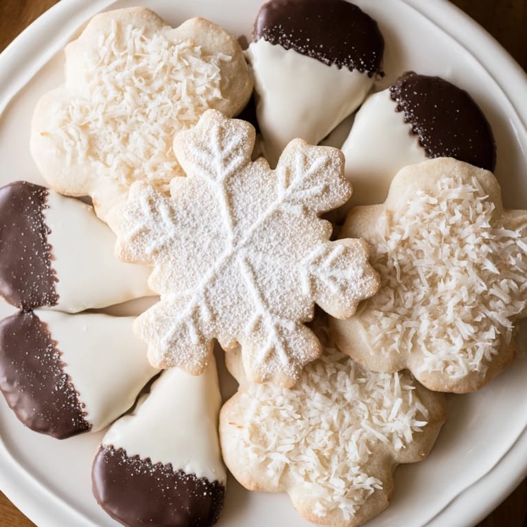 This Snowflake Dessert Board features an assortment of cookies, chocolates, and fresh berries, ready to serve and enjoy.