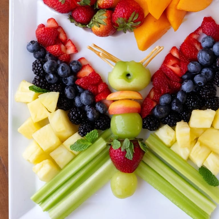 Vibrant butterfly fruit tray with grapes, blueberries, and healthy fruit pieces, ready to serve.