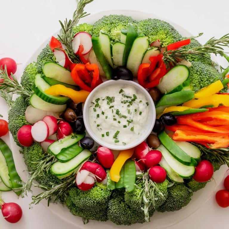 Close-up of a vibrant wreath veggie dip platter, ready for your gathering with fresh ingredients.