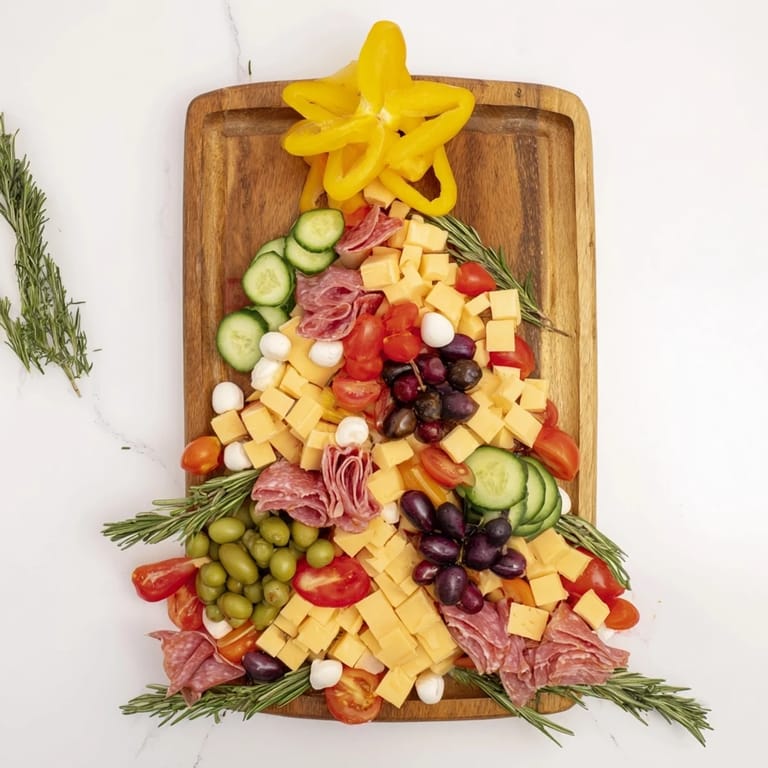 Festive Christmas Tree Snack Board: a visually stunning arrangement of appetizers ready to be enjoyed.