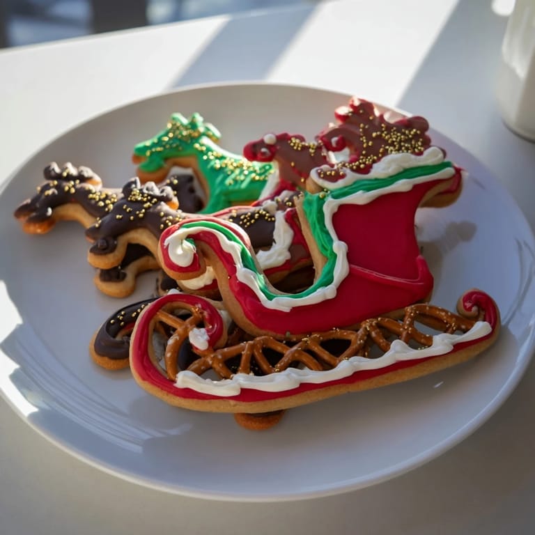 A close-up of a Santas Sleigh Cookie Display reveals meticulously iced sugar cookies ready to delight.