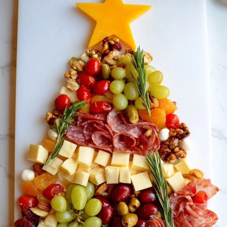 This Christmas Tree Charcuterie Dream displays an appetizing arrangement of cheese, meats, grapes, and crackers for the holiday feast.