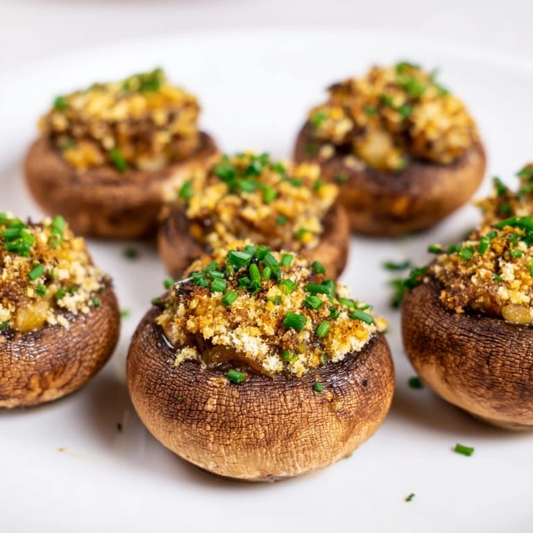A close-up view of appetizing Enchanted Forest Mushroom Nibbles, featuring savory, stuffed mushrooms ready to eat.