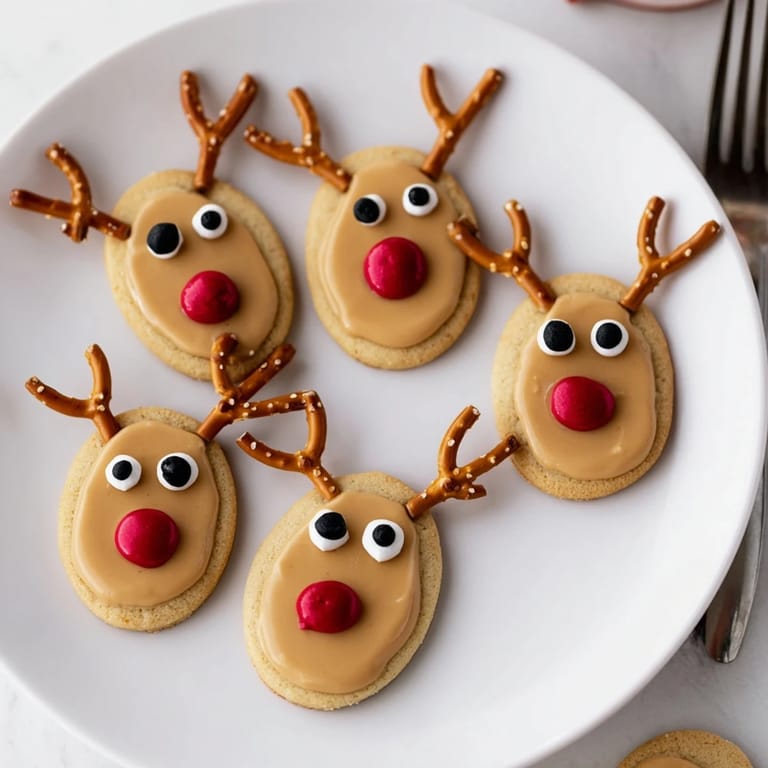 Warm, freshly baked Santa's Reindeer Cookies, featuring red noses and expressive black eyes.