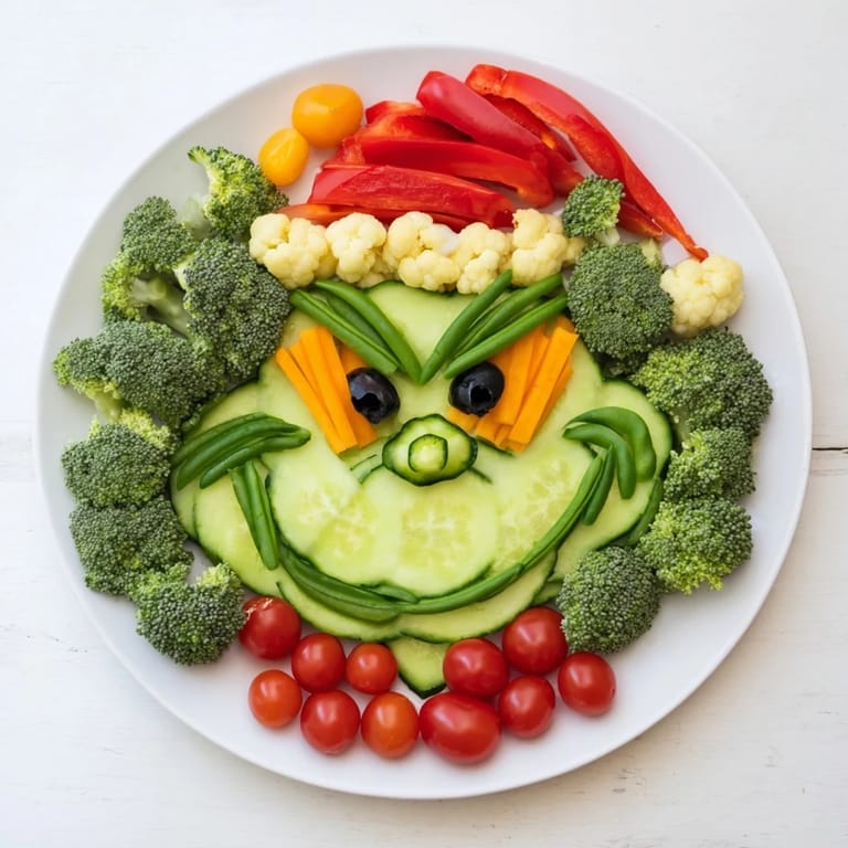 Holiday-themed Savory Crudités Grinch Face veggie platter: a colorful, healthy snack for any party.